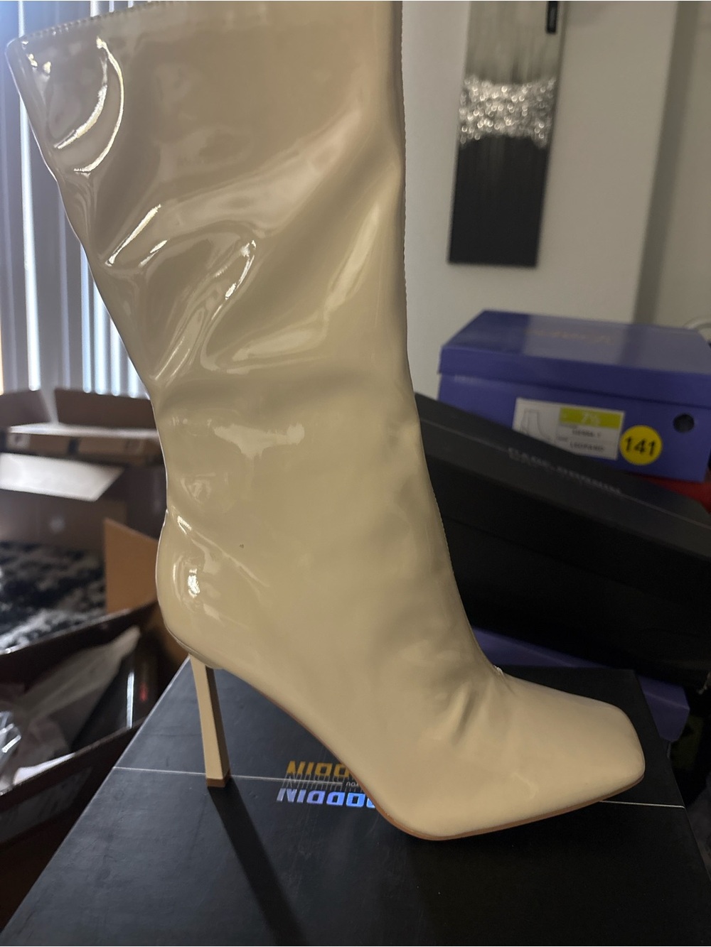 Women's Cream Patent Stiletto Knee-High Boot